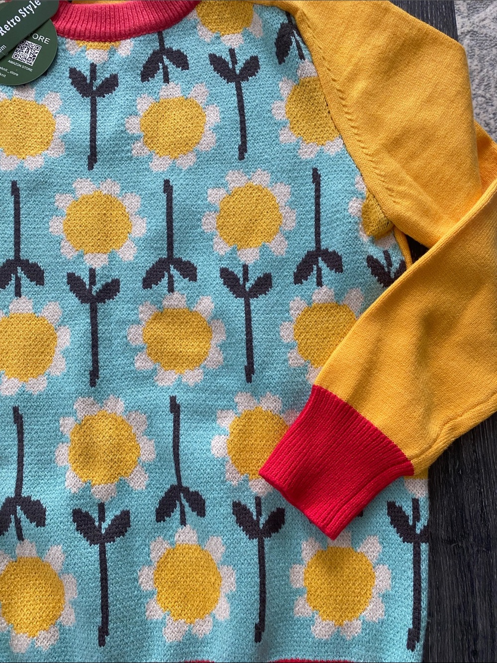 Oxknit Women's Floral Crewneck Sweater in Yellow & Teal - Picture 4 of 9